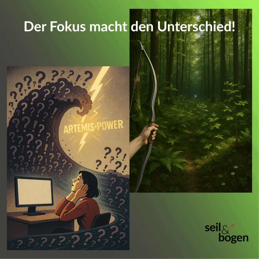 links eine Frau, die von einer Welle aus Fragezeichen und Ausrufezeichen überspült zu werden droht, rechts eine Hand mit einem silbernen Bogen, in der Ferne ein Lichtpunkt
