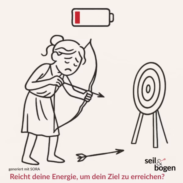Zeichung von Artemis. Ihre Halung ist kraftlos, sie ist unglücklich. Ihr Pfeile fliegen nur halb so weit, wie das Ziel entfernt ist. Über ihrem Kopf ein Batteriesymbol, das eine leere Batterie zeigt als Metapher dafür, dass sie keine Energie hat.