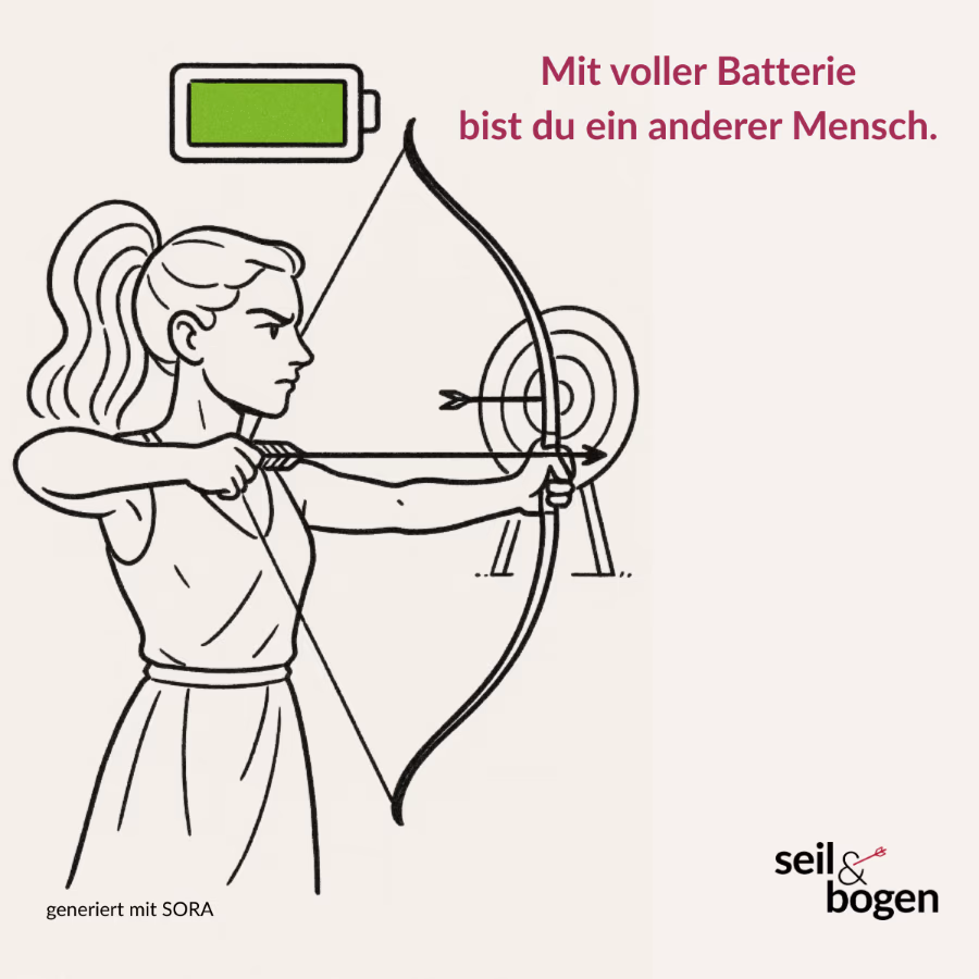 Zeichnung von Artemis, die voll auf ihr Ziel konzentriert ist und es trifft. Über ihrem Kopf das Symbol einer geladenen Batterie als Methapher dafür, dass sie voller Energie ist.